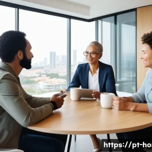 주택관리사 업무 중 발생한 민원 해결 사례 - A modern condominium manager mediating a calm discussion between diverse residents in a bright, well...