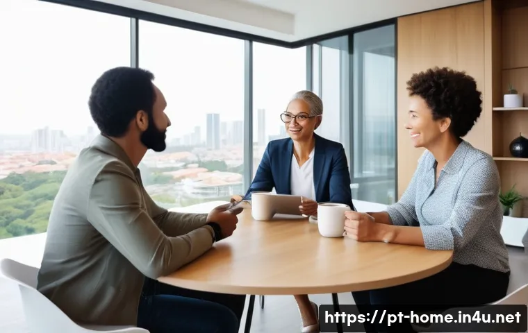 주택관리사 업무 중 발생한 민원 해결 사례 - A modern condominium manager mediating a calm discussion between diverse residents in a bright, well...