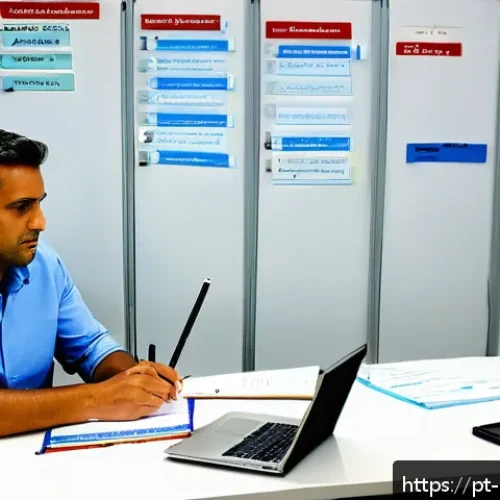 주택관리사 업무 일지 작성 사례 - A professional condominium manager sitting at a neat desk in a modern office, surrounded by organize...