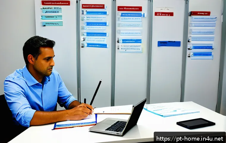 주택관리사 업무 일지 작성 사례 - A professional condominium manager sitting at a neat desk in a modern office, surrounded by organize...
