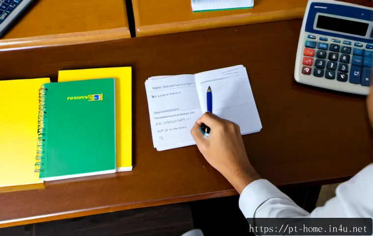 Home 17 주택관리사 필기 노트 정리법 - Photorealistic overhead view of a Brazilian property management student organizing handwritten study...